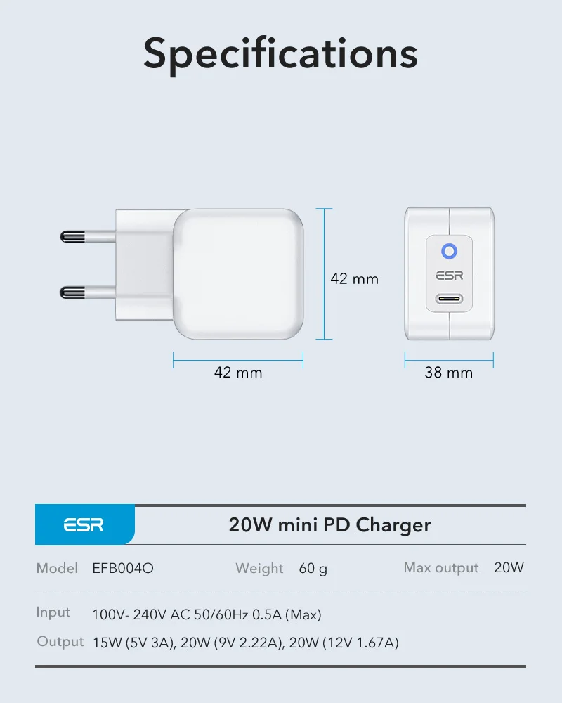 
ESR 20W EU Plug mini PD charger Type c fast charge PD wall charger Adapter 