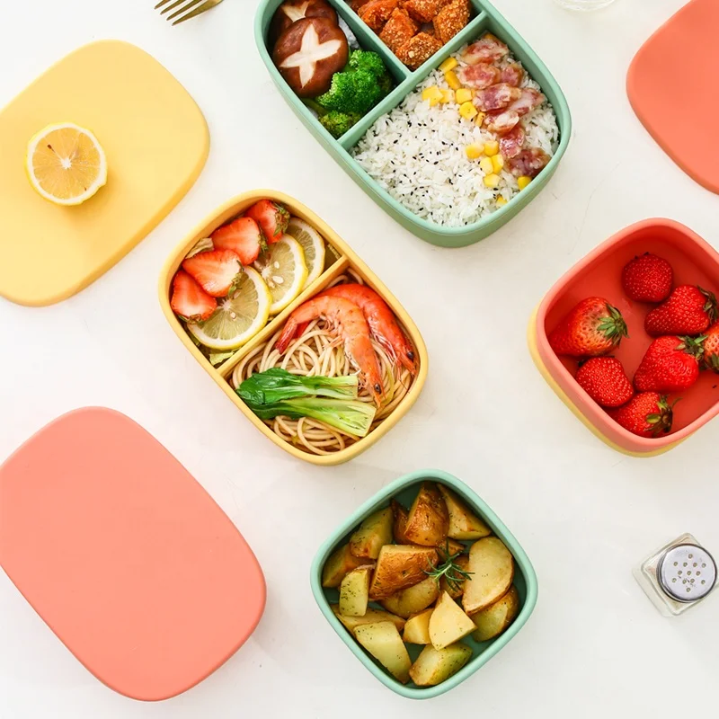 Высококачественный легко моющийся Ланч-бокс bento из пищевого силикона, прямоугольный Ланч-бокс с 3 картриджами, силиконовый пищевой контейнер