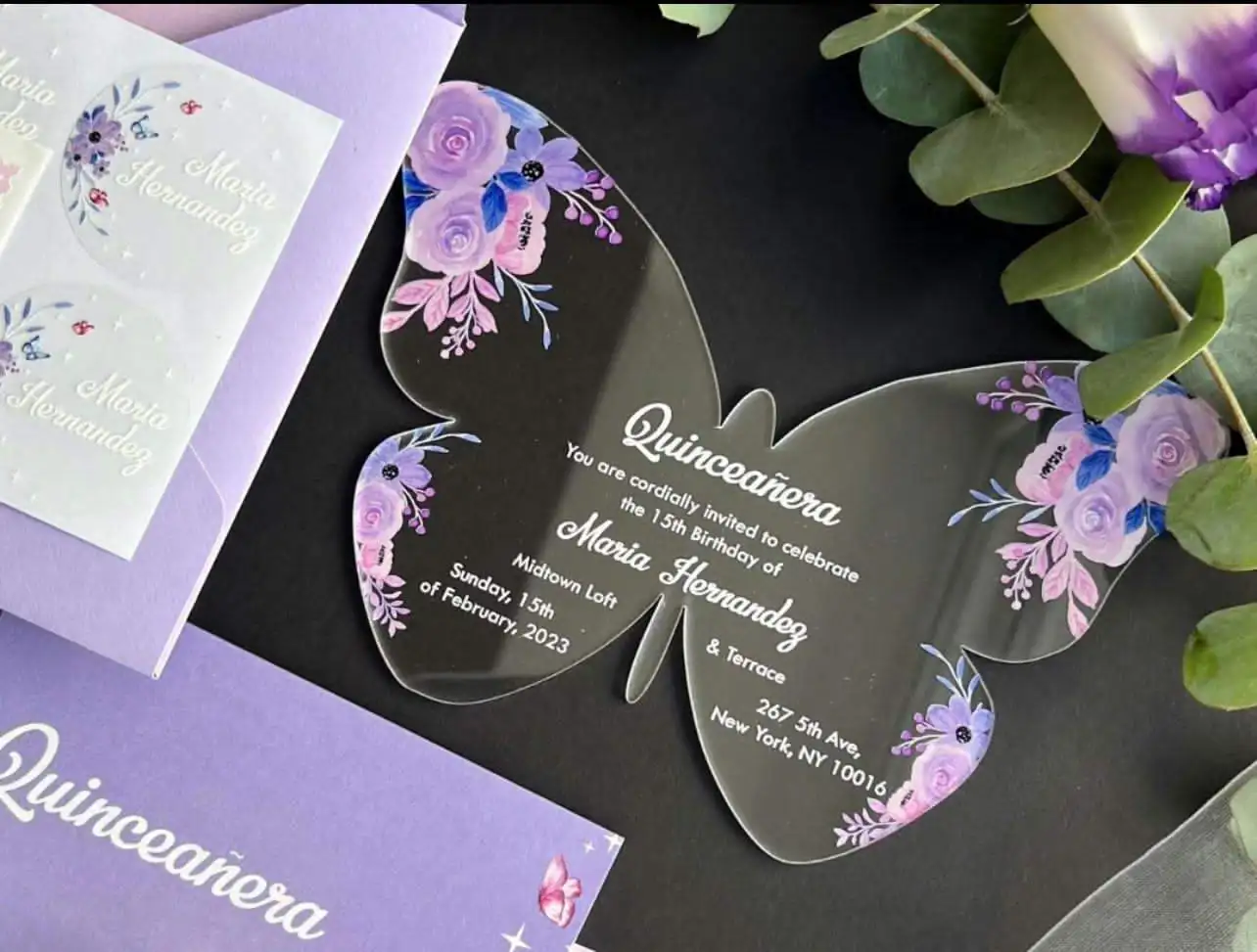 Custom Elegant Sky Blue Die Cut Sticker Floral Clear Butterfly Acrylic Quinceanera Party Invitation Wedding Invitation