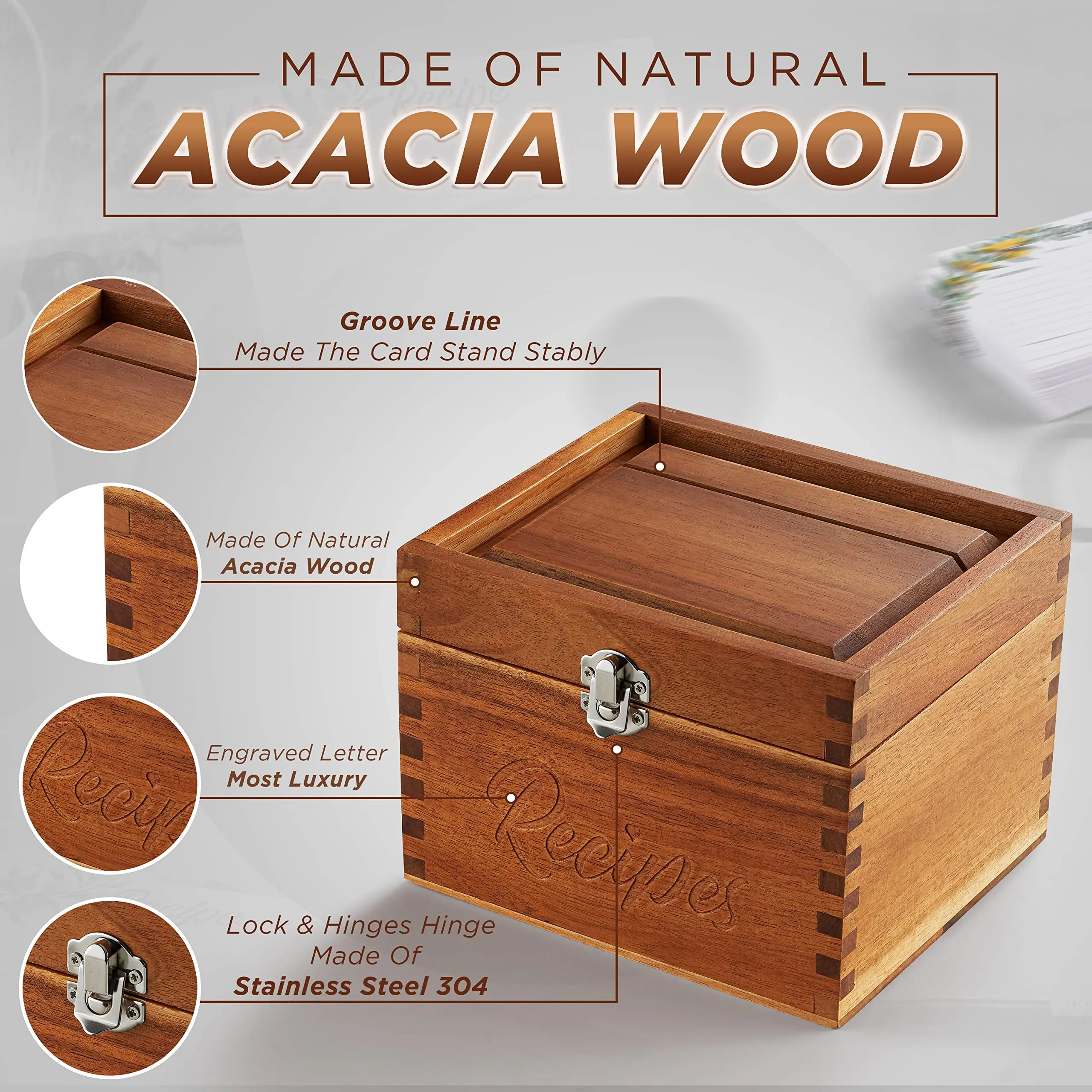 New Product Decorative Natural Wooden Storage Box Blank Recipe Box Acacia Wood Set Recipe Organizer