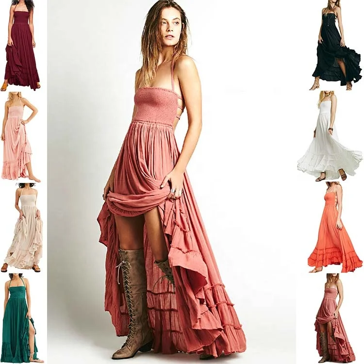 Summer New Boho Crinkly Strapless Maxi Dress Halter Tie Beach Linen Dresses Seam Hem Low Strappy Back Casual Dress