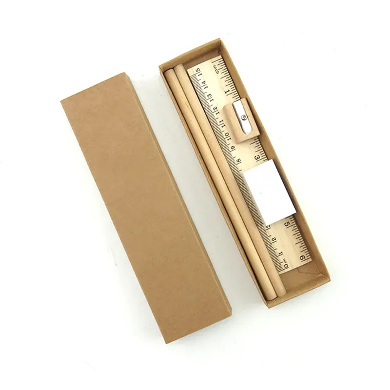 Custom Eco Friendly Wooden Ruler Eraser Pencil Sharpener in Kraft Box Stationery Items for School Stationery Set Logo Printing