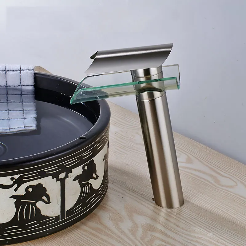 Waterfall Black Bathroom Faucet Hot Cold Mixer Crane Basin Tap Glass Design For Bathroom Sink Deck Mount