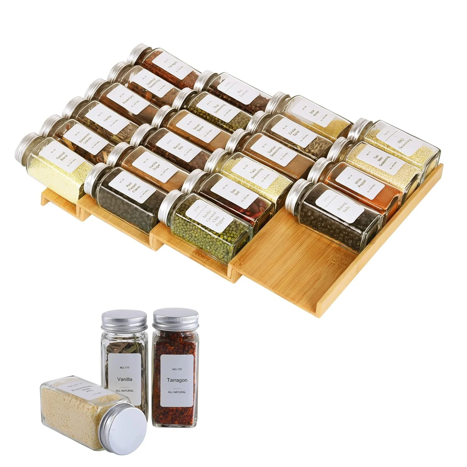 Spice Drawer Organizer with 24 Spice Jars,Bamboo 4 Tier Seasoning Rack Tray Insert for Kitchen Drawers,Cabinets,Countertop