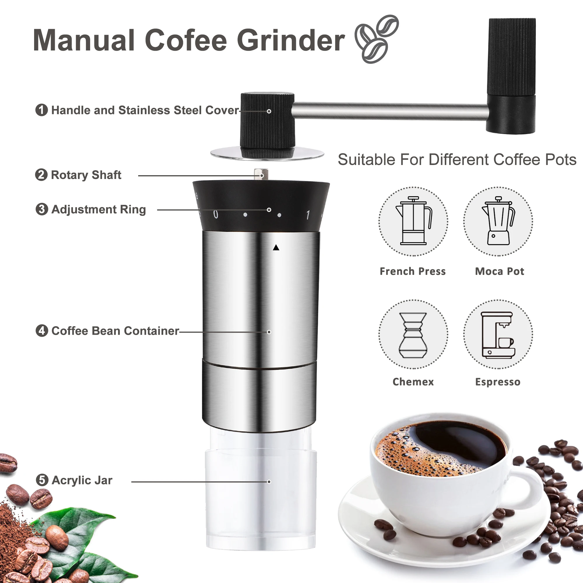 Professional Stainless Steel Portable Industrial Commercial Flat Burr Manual Espresso Coffee Bean Grinder Hand