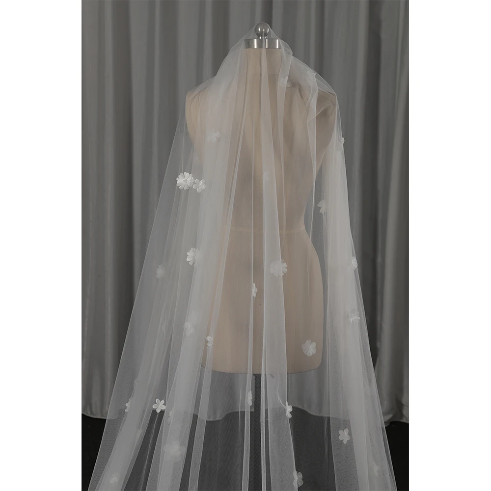 Romantic 3D flowers Applique Soft Tulle wedding Veils one layer with comb white long bridal veil custom made