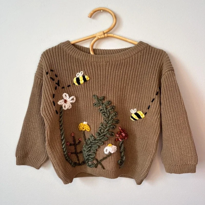 Factory hand embroidered sweaters for Babies and Toddlers custom alphabet knit sweaters for girls and boys