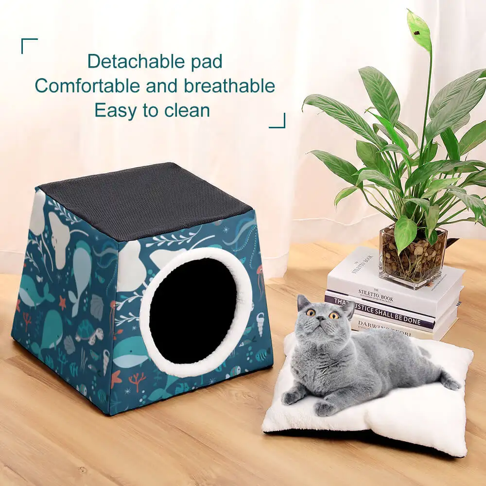 Капсулы из ткани Оксфорд с принтом на заказ, полузакрытые моющиеся мягкие пушистые съемные кошачьи кровати с тремя видами, гнездо для домашних животных