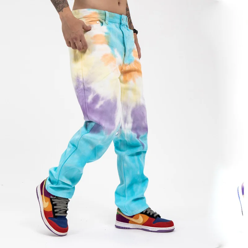 Custom high street baggy denim  loose multicolor tie dye jeans men denim jeans wide leg  jeans for men