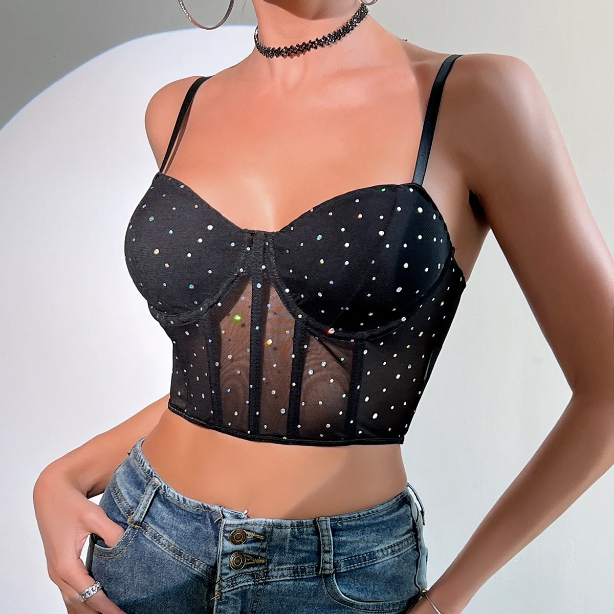 D&M Wholesale new trending womens sequin bralette crop top night shape wear corsets bra denim tube corset top