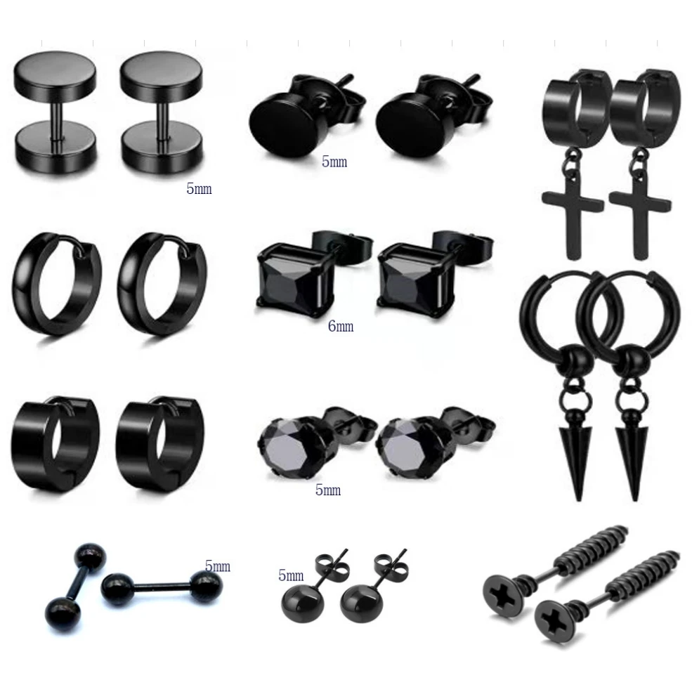 Punk Earrings Set All Black Screw Dumbbell Pierced Hoop Stainless Steel Earrings for Men Women