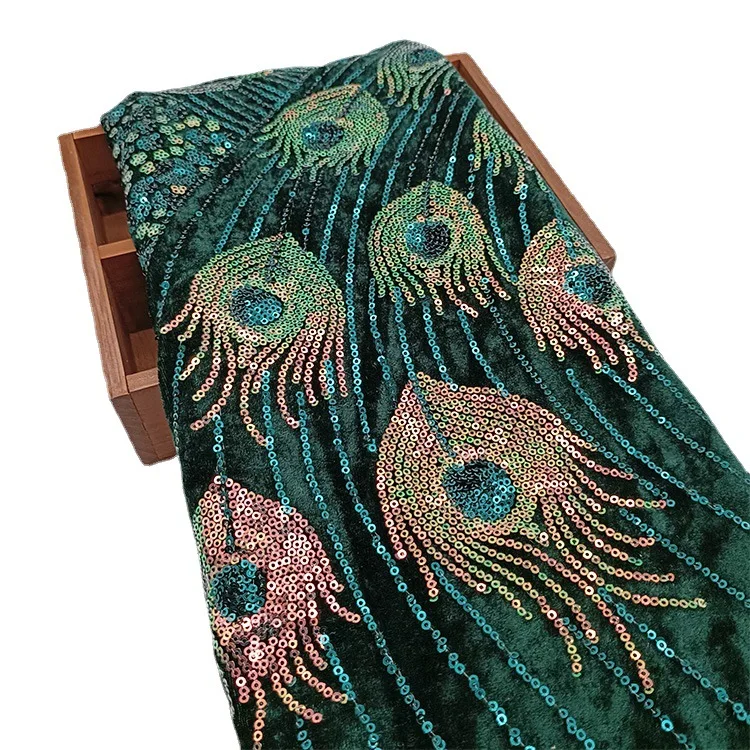 5mm velvet phoenix tail embroidered fabric qipao dress sequin fabric sequin embroidered velvet sequin fabric