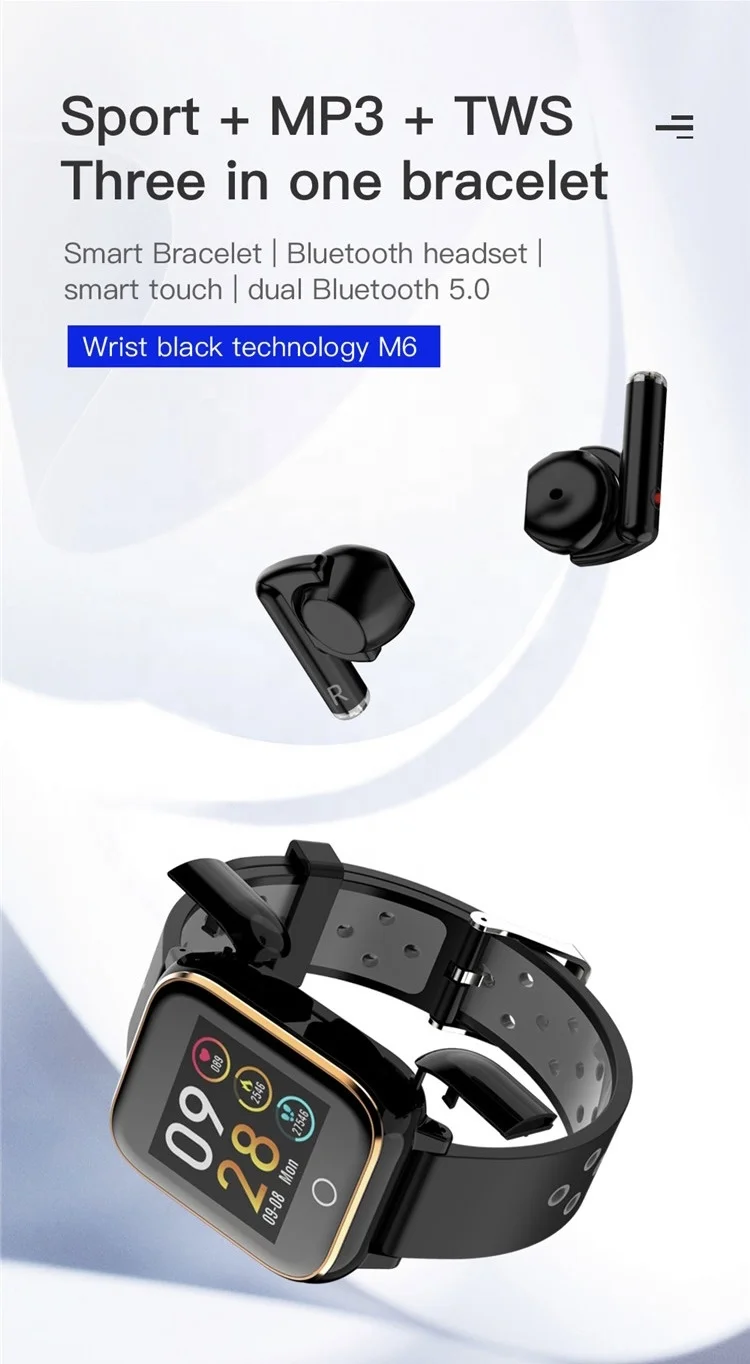 Smart Bracelet Watch 3 In 1 M6 Smart watch Tws Earbuds Earphone 5.0 Waterproof smart bracelet earbuds of BT headset watch