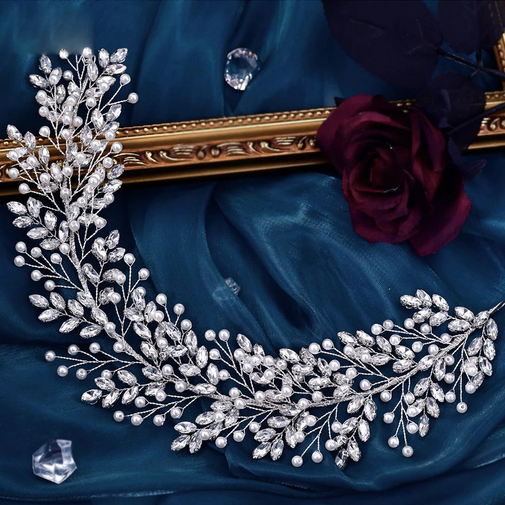 Luxurious Crystal Rhinestones Diamonds Pearls Branch Tiara Crown Wedding Party Hair Accessories Bridal Hair Jewelry