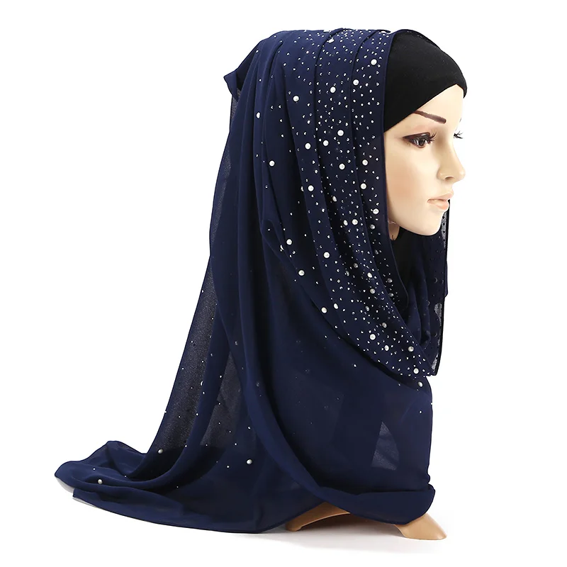 Malaysia plain bubble pearl Chiffon Hijab with stone ceramic shawl for women Solid Color Soft Long Scarf Wrap