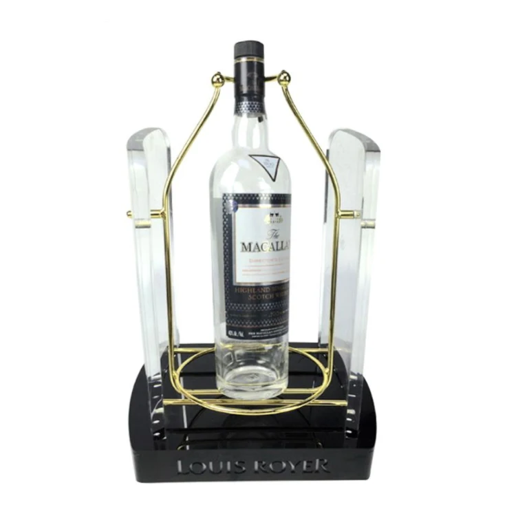 Custom LED Illuminant LOGO Vintage Port Liquor Display rack Acrylic Wine Bottle Holder with Metal Cradle