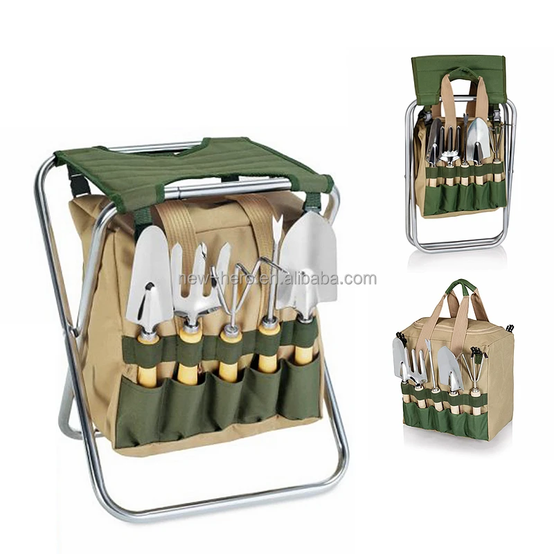 Promotion Gift Garden Tools Kit 5 Pieces Heavy Duty Garden Kit with Detachable Storage Bag & Folding Seat Garden Stool Tool Set