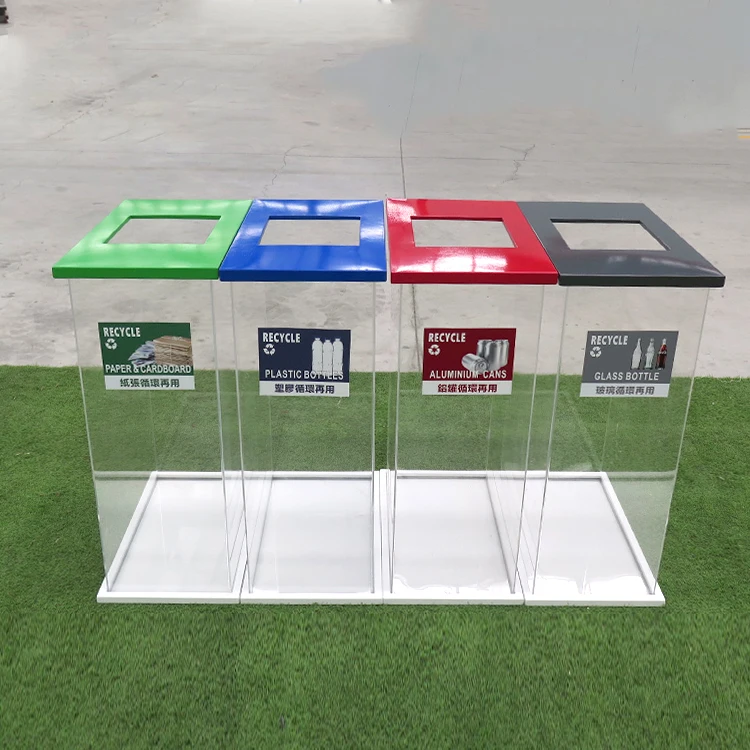 4 Compartment Stainless steel Waste Bin airport Garbage Bin Transparent Recycling Bin For Hospital Dustbin