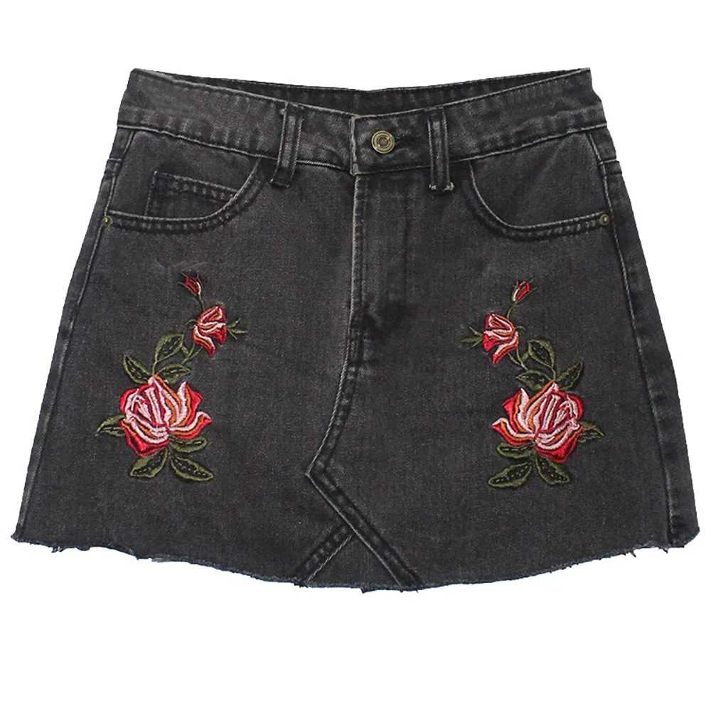 sexy skinny women embroidered denim mini skirt   black classic Floral Embroidered Jeans A Line Skirt