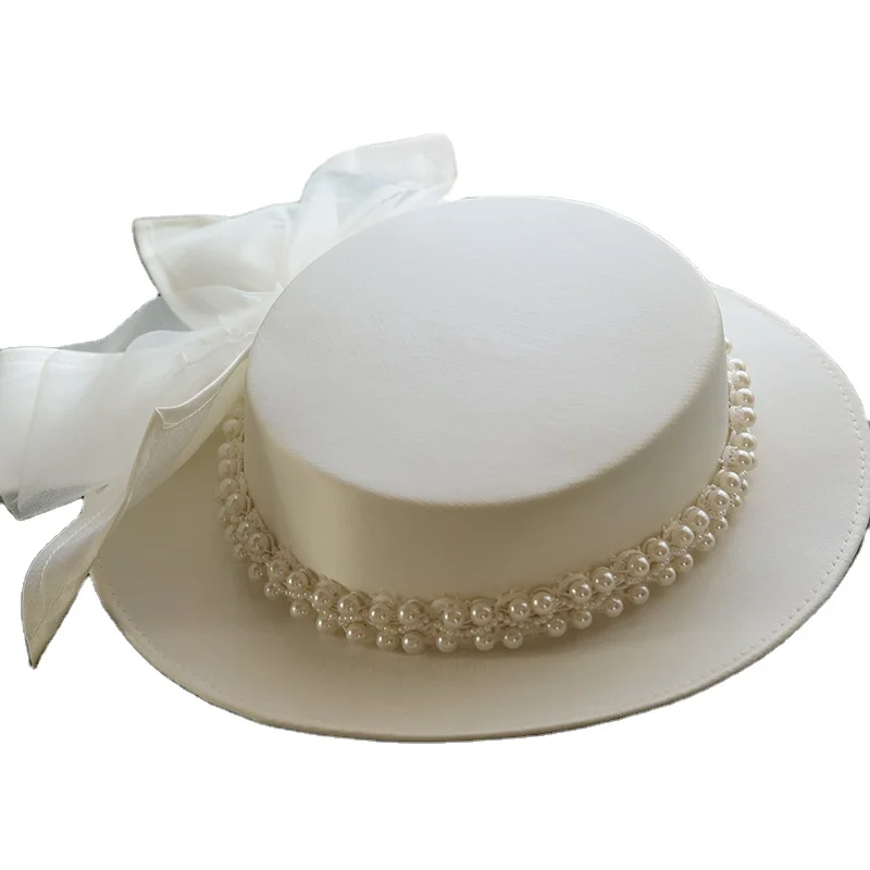Concise Style Bow Pearl Flat Women Top Hats Cheongsam Wedding Dinner Cap Ladies Travel Party Elegant Hat Four Seasons