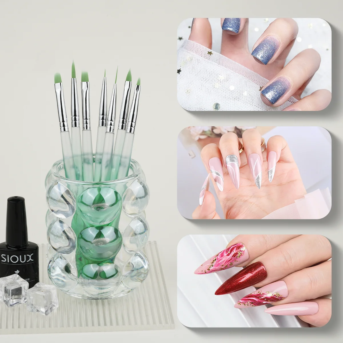 Nail Supplier Factory Nylon Hair Green Gradient Acrylic Handle Art Liner Brush Nail Polish Brushes