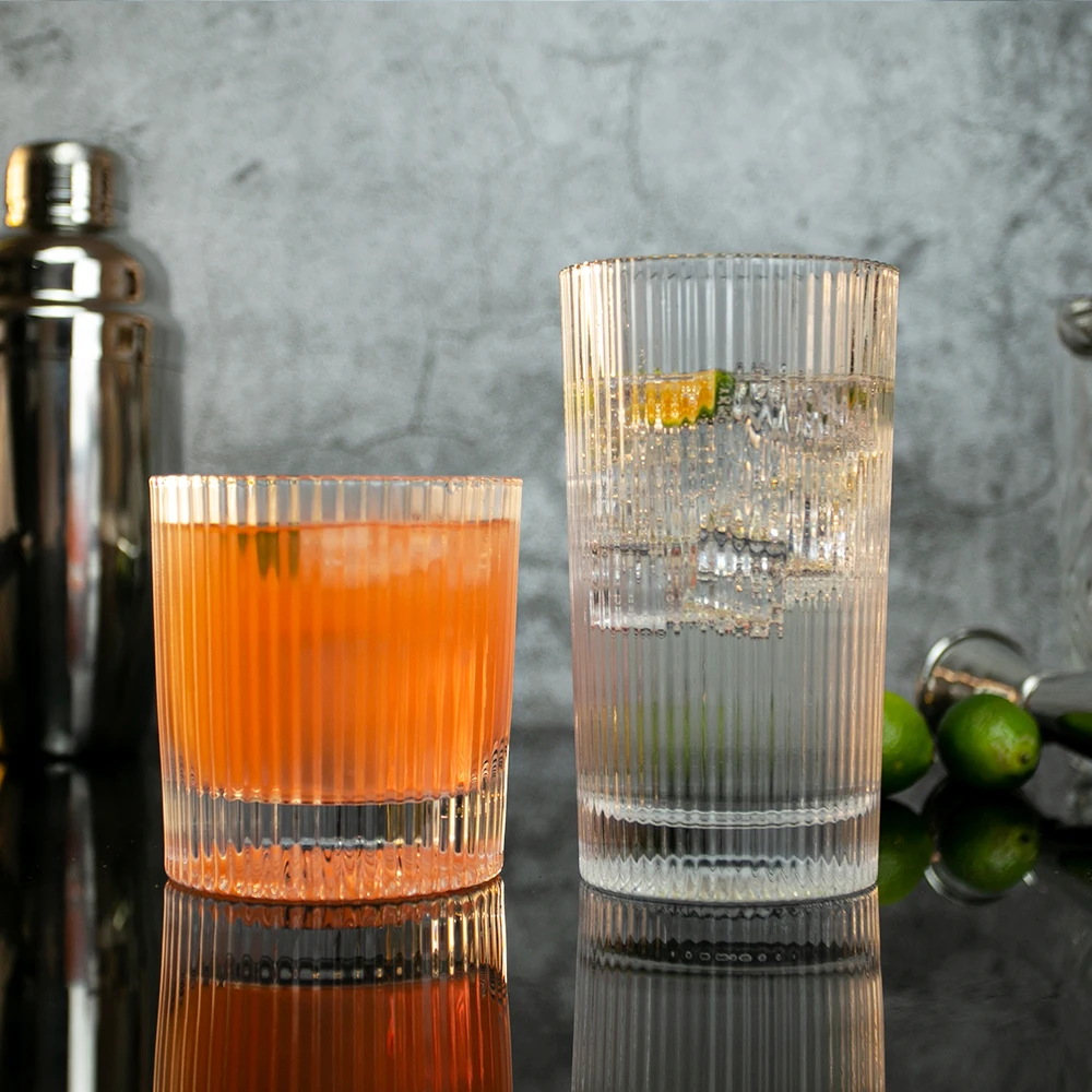 13oz Fluted Highball Glasses Tall Drinking Glasses Ribbed Cocktail Juice Tumblers Water Glasses