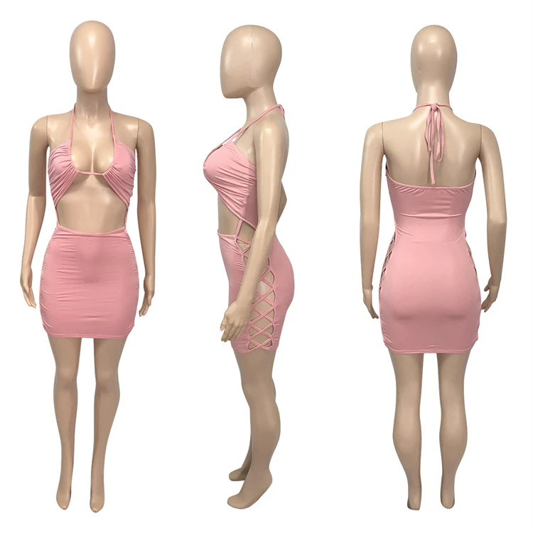 Newest Design 2021 New Arrivals Solid color Wrap top Bandage Bodycon Women Fashion Clothes Sexy Mini Dress