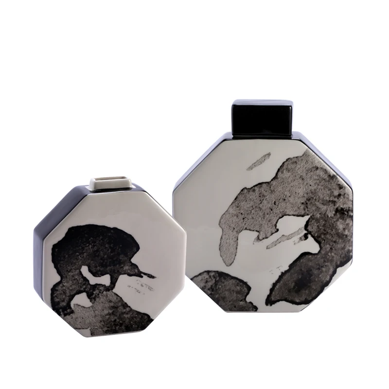 Chines Luxury Octagonal Flat Vase Chinese Ink Painting Decorative Ceramic Jar for Storage And Decoration