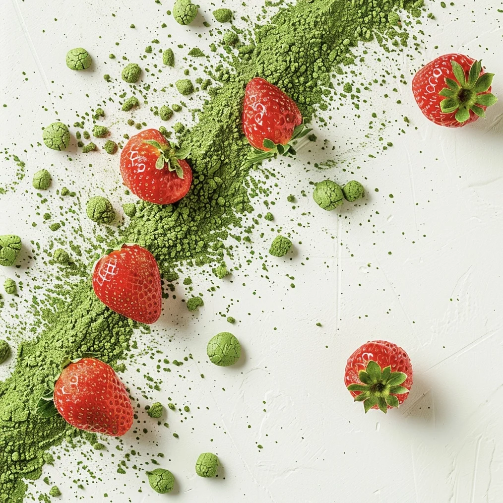 Оптовая продажа органический пищевой порошок клубничный ароматизированный зеленый матча