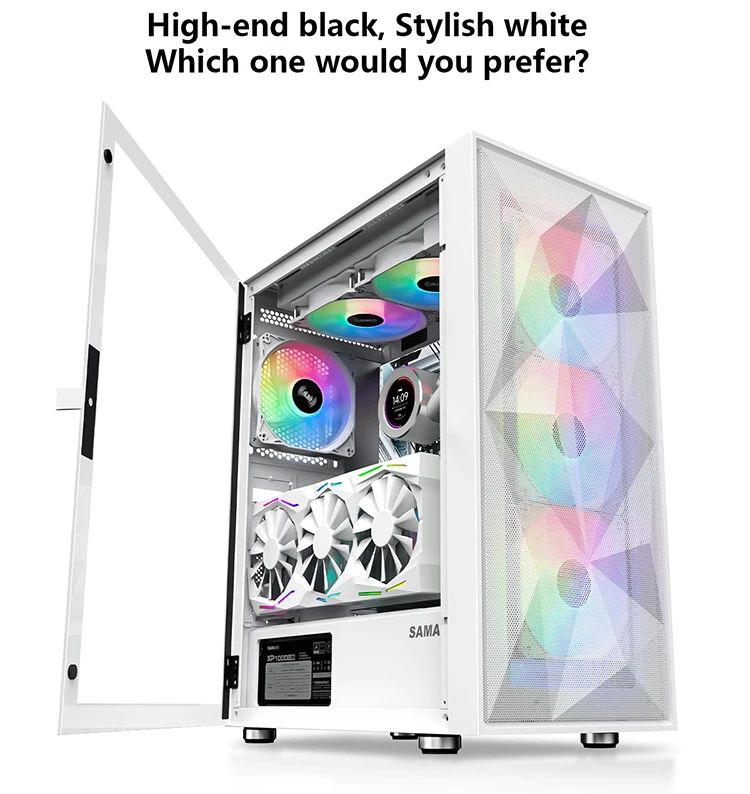 SAMA 3509 Door Open Tempered Glass Side Panel Black & White Mid Tower ATX Gaming PC Computer Case Cabinet