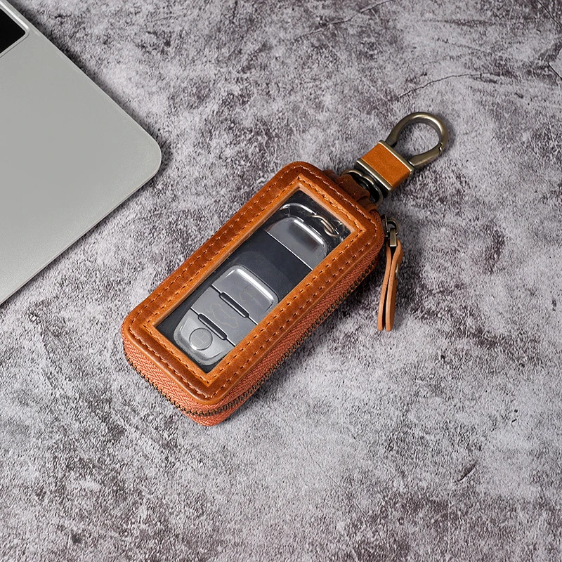 Genuine leather key case holder bag storage fashion with zipper protective shell mini car key cover customer logo
