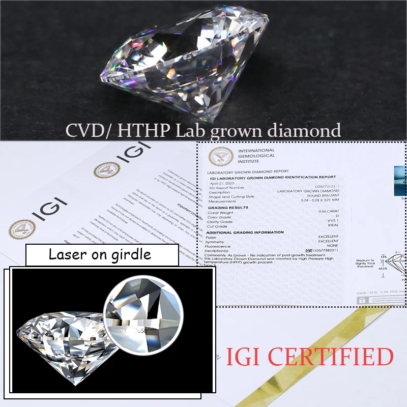 Сертификат IGI GIA лабораторный алмаз 0 5 карат 2 карата 3 Круглый Блестящий Ограненный D HPHT CVD VVS Выращенный