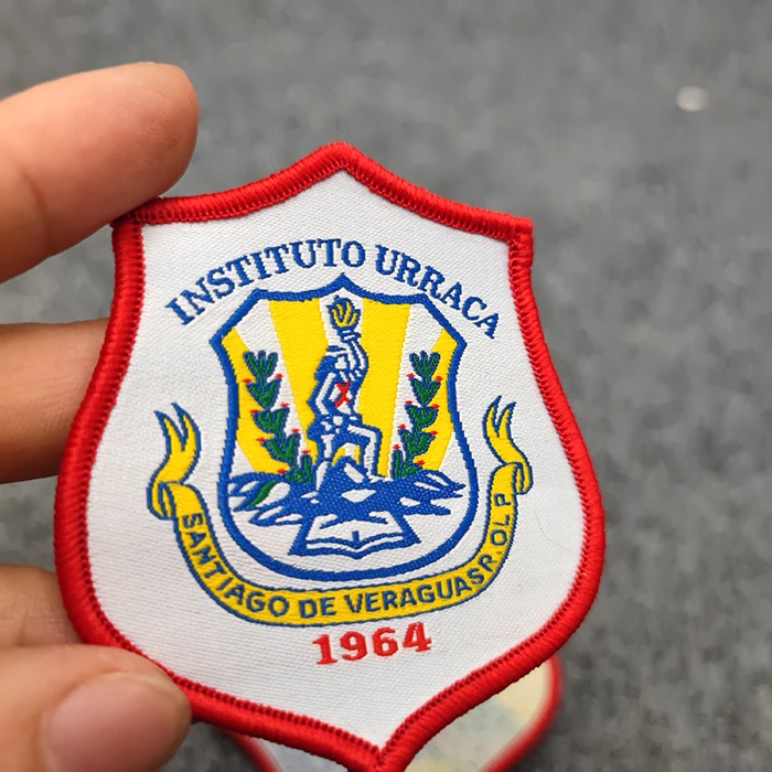 Factory price woven logo label customized polyester patch origin labels use in nuiform shape school uniform badges with brand