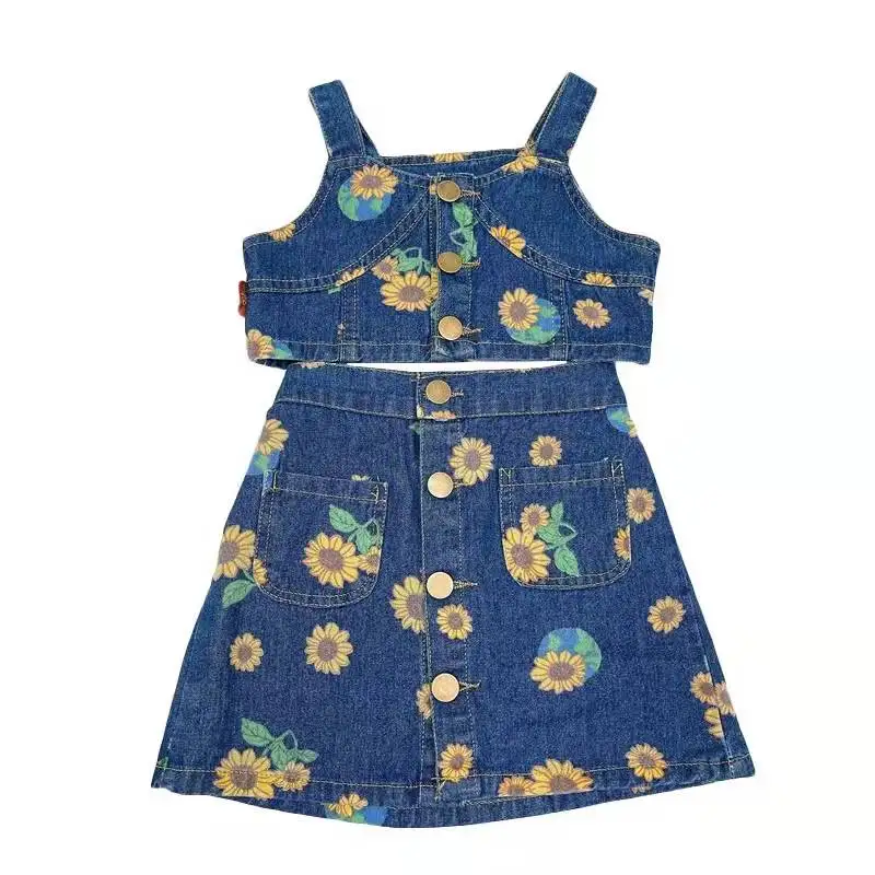 2022 New sweet baby girls clothing summer fashion girls suit denim high waist sling top and skirt two-piece suit