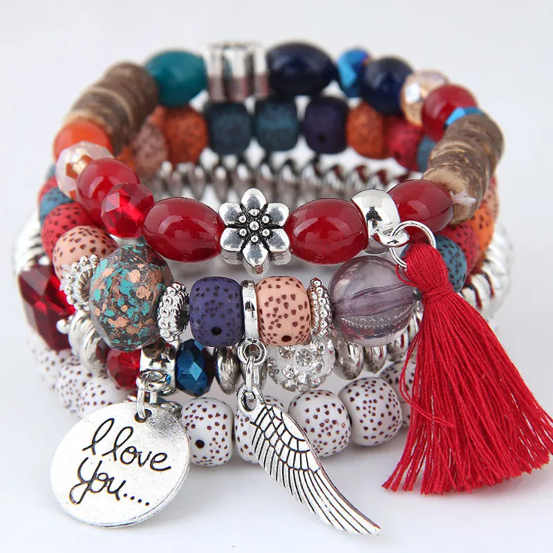 WYS005 Trade Assurance Bohemia Palm Eye Wingle Charm Crystal Beads Tassel Bracelet 4pcs/set Multilayer Wooden Beaded Bracelet