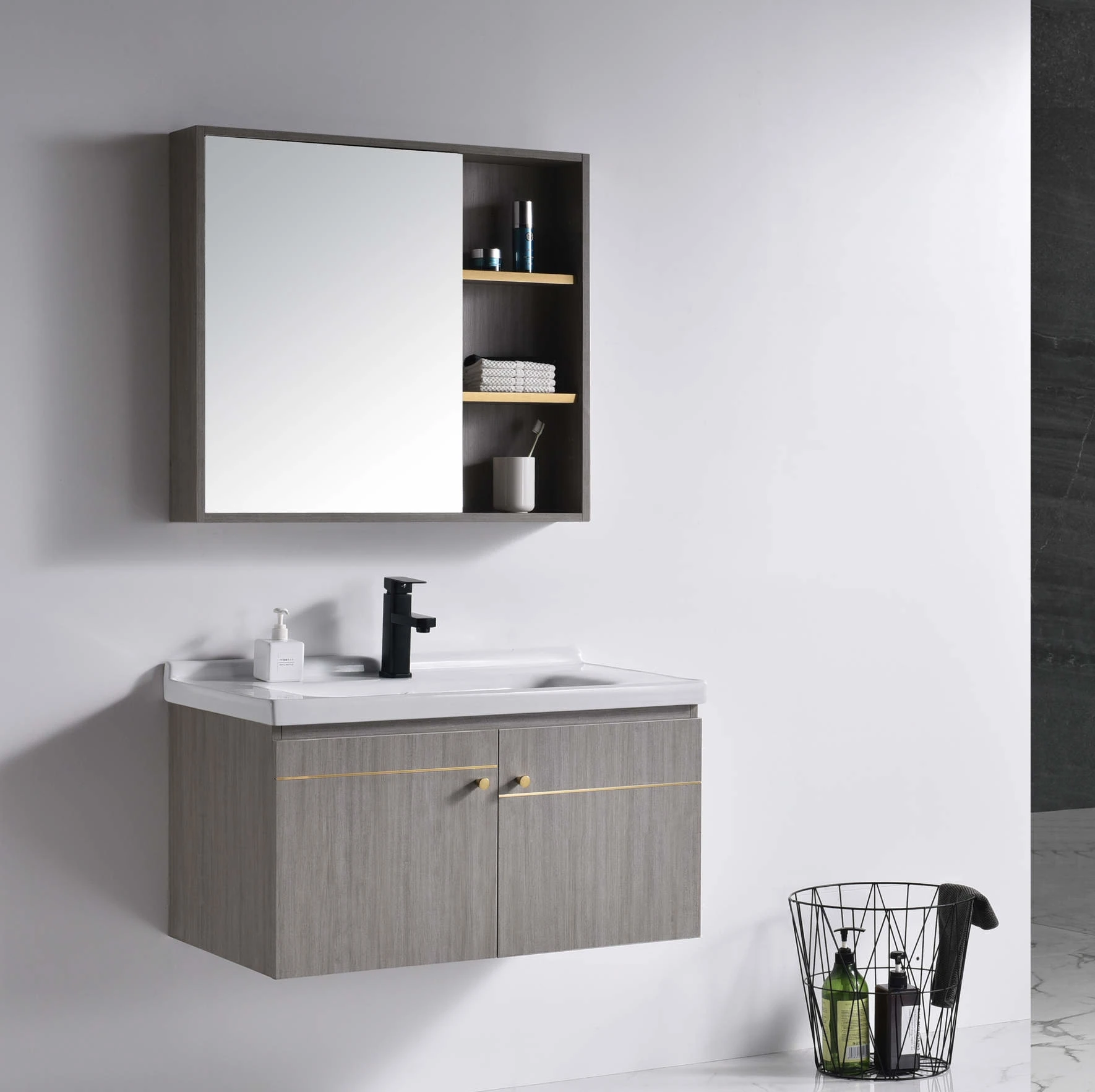 Factory direct sale modern designs PVC waterproof bathroom cabinet sinks pvc bathroom vanity with wall mirror