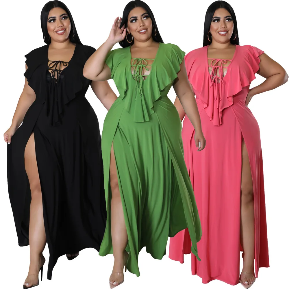 X33260 Amazon Europe and America  fashion Split dress solid color ruffled large size summer casual women dress plus size