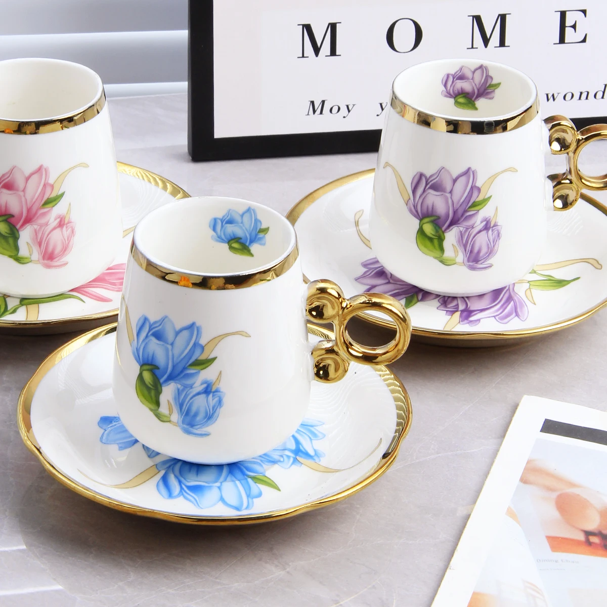 6 Cups Saucers Set European Afternoon Tea Cup Gold Circle Handmade Ceramic Coffee and Saucer