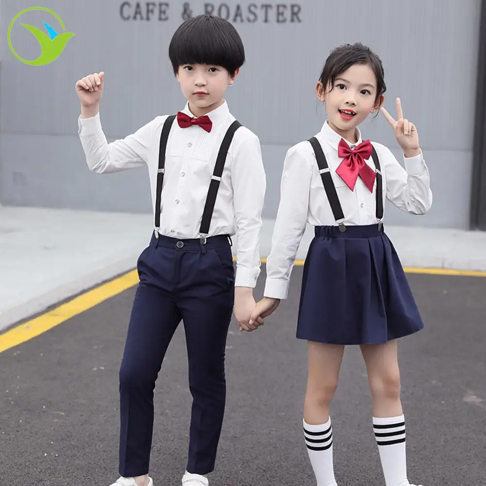 
Design custom primary kids white color skirts black shirt pants wholesale school uniforms for boy girl 