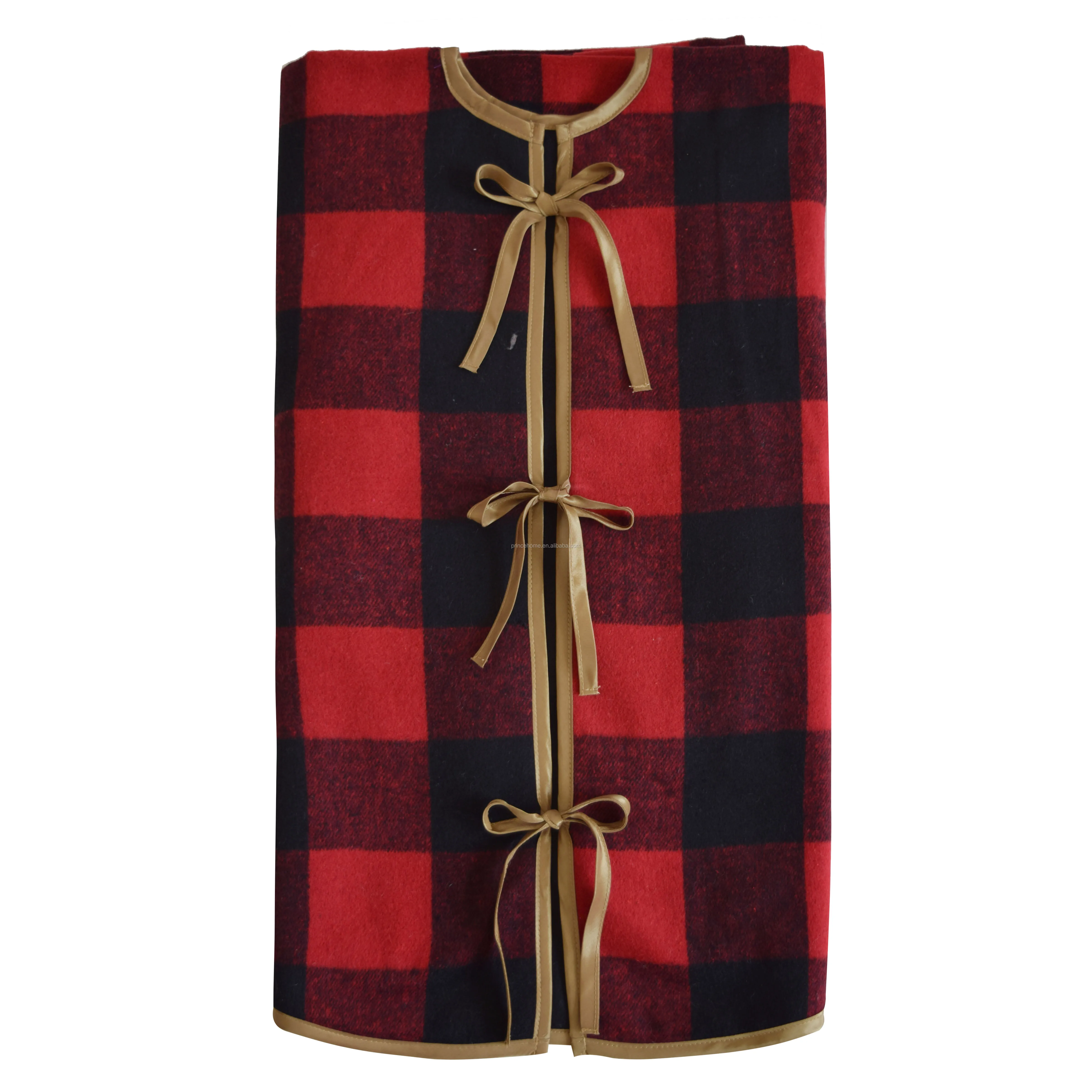 Red and Black Plaid with Sherpa Reindeer Applique Embroidery Christmas Tree Skirt 48'