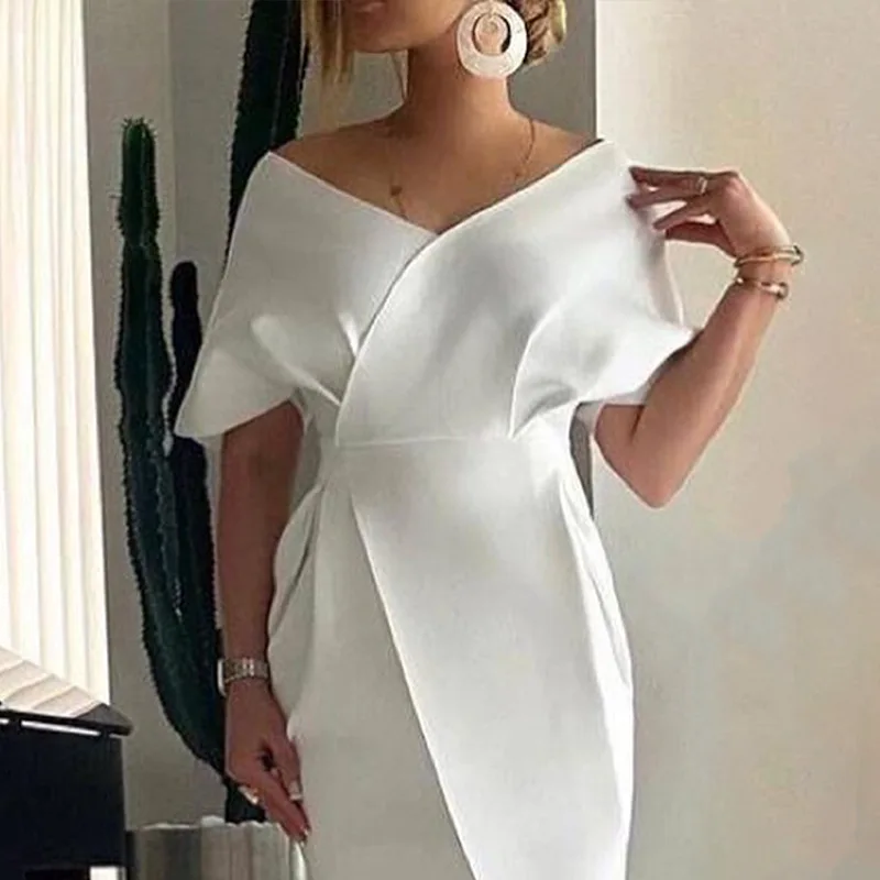 Factory Outlet Women White Skirts Elegant French Satin Fabric Dresses Slim Evening Dresses