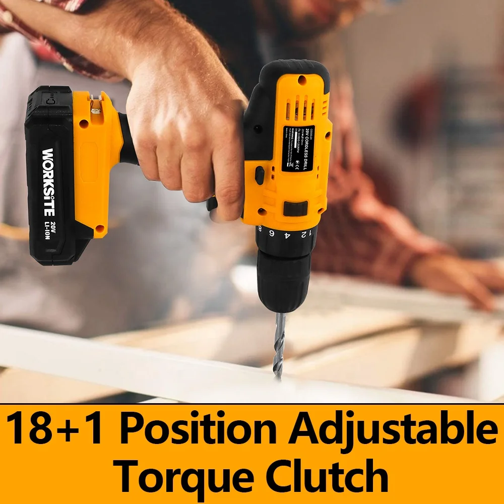 WORKSITE Customized 20V Power Drill Battery 19+1 Chuck 30Nm Portable Rechargeable Cordless Drill Driver