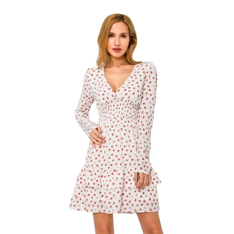 
New Arrival Deep V-Neck Smocking Waist A Line Dress Mini Red Poka Dot Print Long Sleeve Casual Woven Dress for Women 