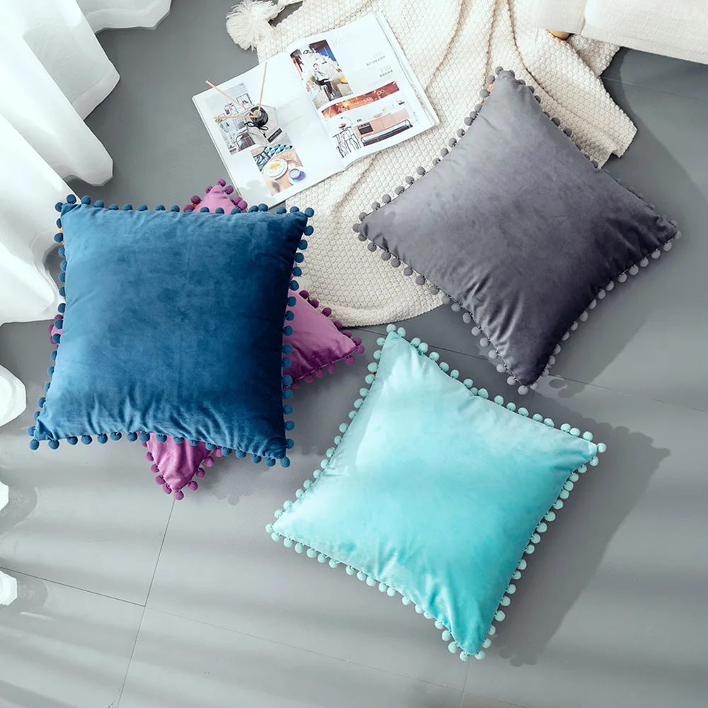 
Wholesale Holiday Gift Ins Velvet Sofa Pillowcase with cute ball fringe 