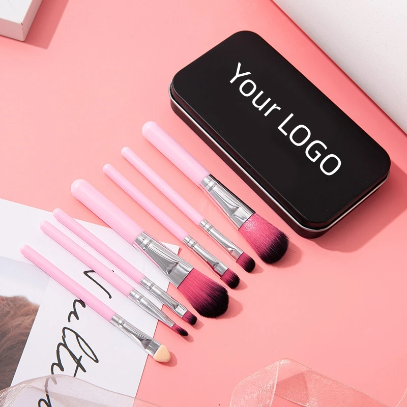 Customized Logo Factory Price 7pcs hello Mini Kitty Traveling Brush Set For Makeup In Tin Box Eye & Face Use Wholesale