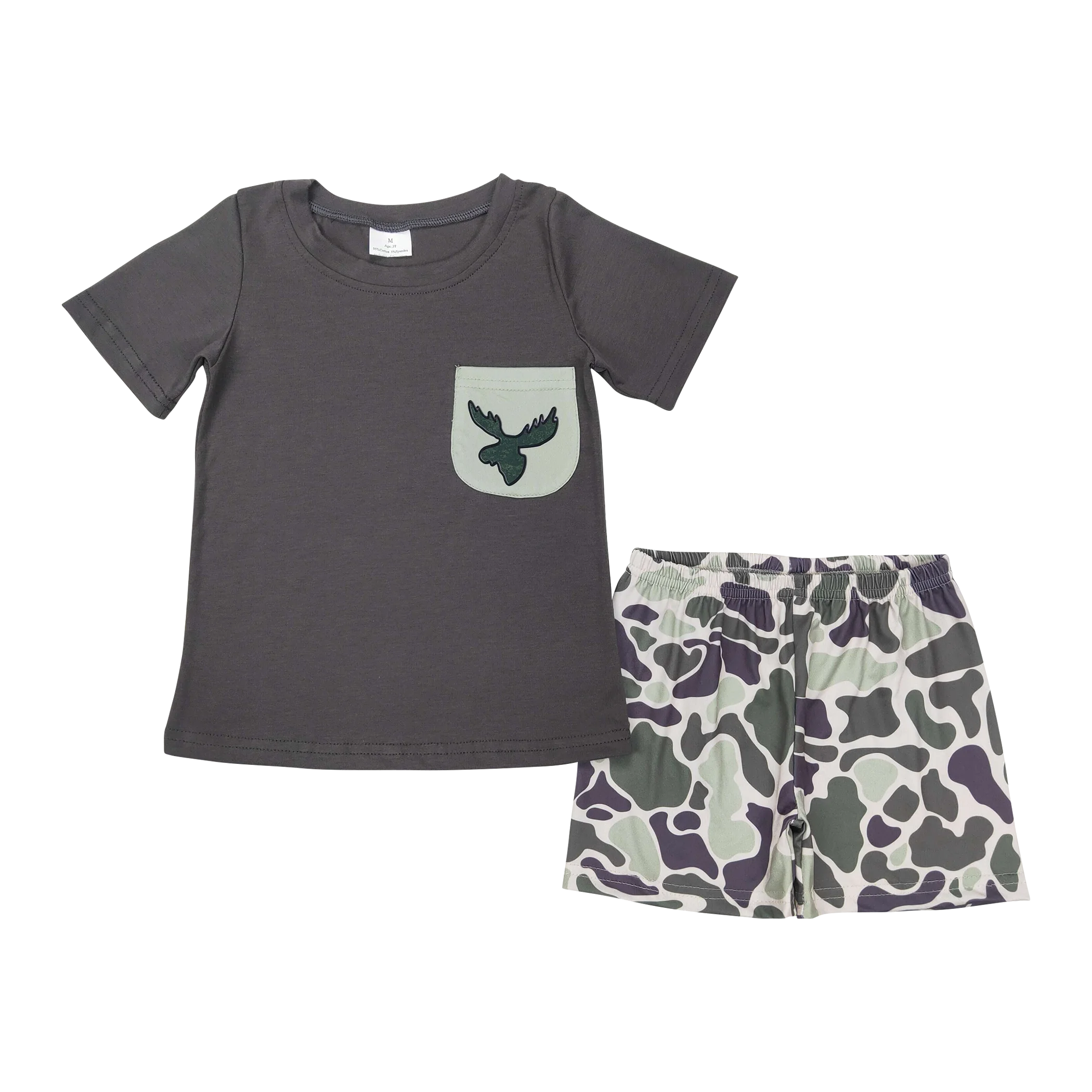 BSSO0303 Dark grey short sleeve pocket bird print leopard print shorts high quality wholesale little boys clothing sets