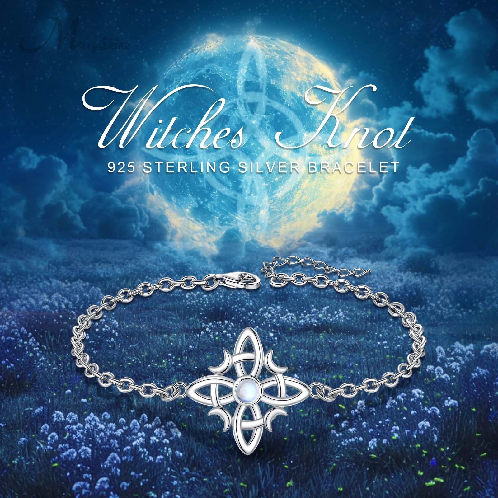 Merryshine 925 Sterling Silver good luck Irish jewelry moonstone witch knot bracelet for women