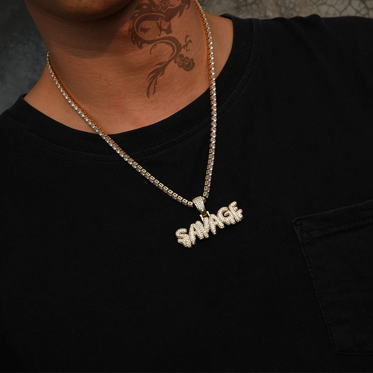 
Amazon Hot Sale Gold Plated Letter Pendant With Stone For Men Hip Hop SAVAGE Letter Pendant Copper Micro 