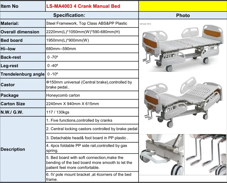Hecai Mobile Hospital Clinic Patient 4 Cranks Multifunction Manual Medical Bed