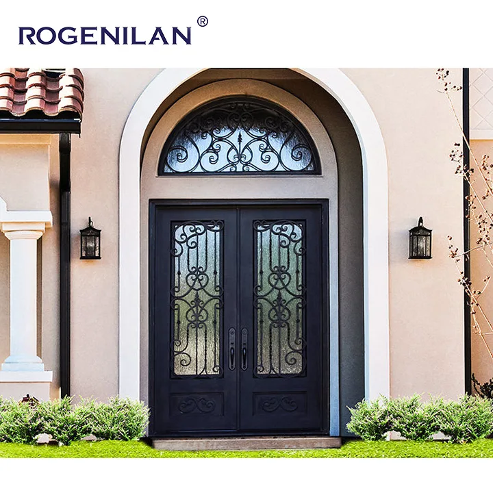 Rogenilan Villa Outdoor Wrought Iron Double Doors luxury Main Entrance New Iron Fence Design Can Be Customised Arched